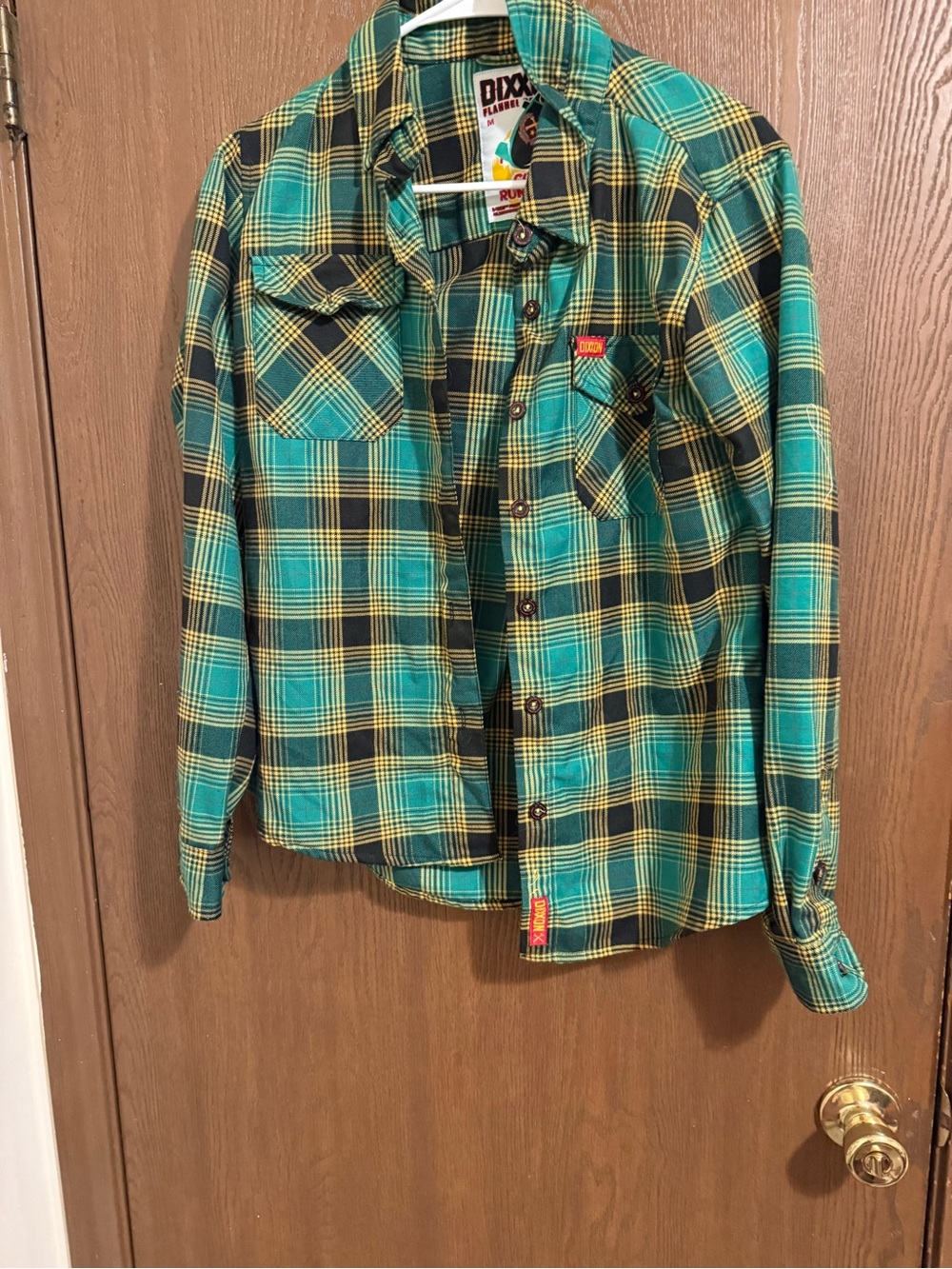DIXXON Teal and Black Plaid Button-Down Shirt with Yellow Accents